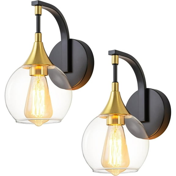 Black and Gold Wall Sconces Set of Two, Modern Wall Sconce Light with Clear Glass Shade,Indoor Wall Light Fixture Wall Lamps for Bedroom, Hallway, Bathroom