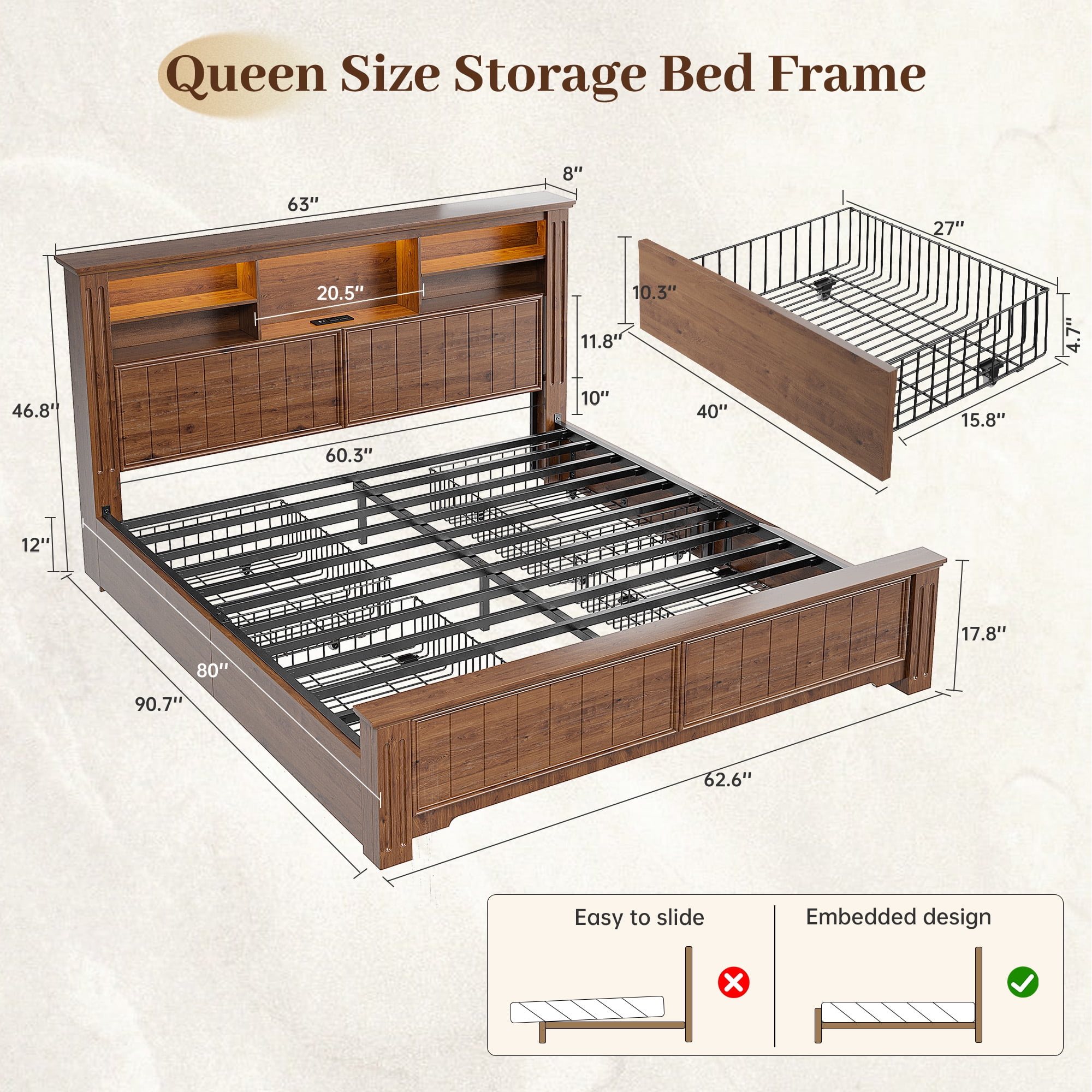 EnHomee Queen Bed Frame with Headboard Bed Frame with 4 Storage Drawers & LED Lights Platform Bed frame with Charging Station