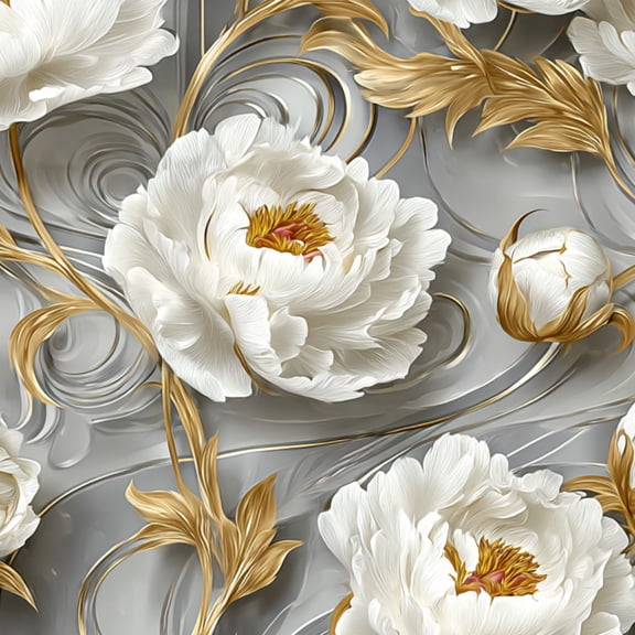 Baroque Peel and Stick Wallpaper White Peony Flowers Golden Leaves Elegant Grey vintage Wall Mural 23.6in x 9.8ft Self Adhesive Removable Wall Paper Renter Friendly Wallpaper for Bedroom