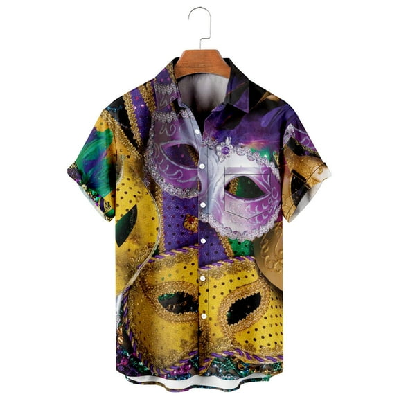Yutnsbel Mardi Gras Print Short Sleeves Front Buttons Men Shirt Casual, Pink L