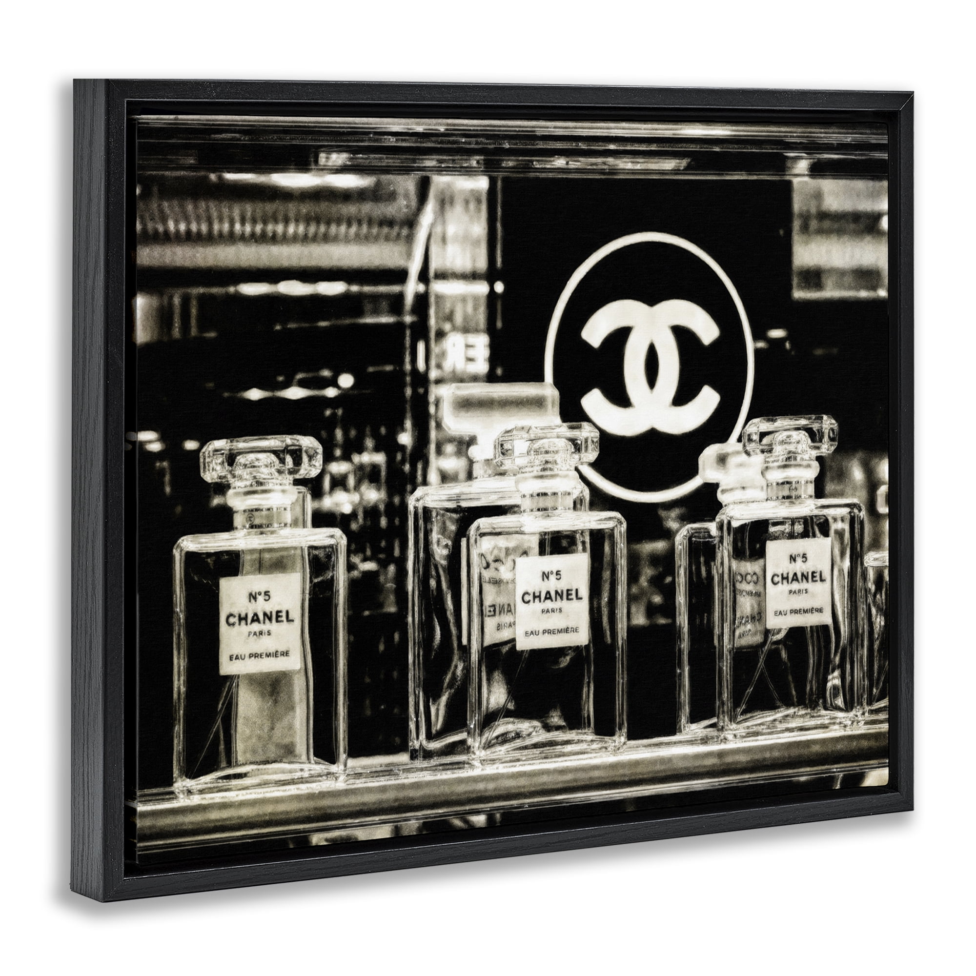 Stupell Industries Monochrome Perfumes Display Fashion Painting Black Floater Framed Canvas Art Print Wall Art, 31 x 25