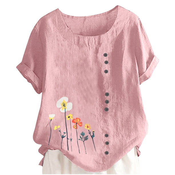Tops de Manga Corta de Verano para las Mujeres Cuello Redondo Impreso Botón Superior Camiseta de Imitación Rack, Blusa de Moda Casual para el Uso Diario