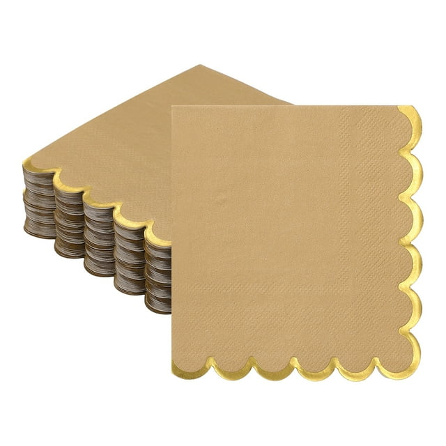 Uxcell 100 Pcs Servilletas de Cóctel con Bisel Ondulado y Bordes Dorados, 5 x 5 Pulgadas, Desechables para Fiesta