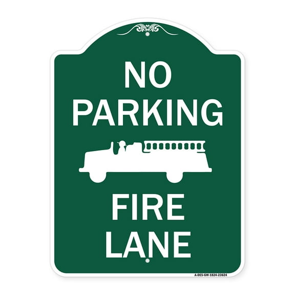 SignMission A-DES-GW-1824-23624 18 x 24 in. Designer Series Sign - No Parking Fire Lane with Graphic, Green & White