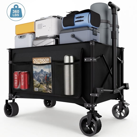 Favoyard Collapsible Wagon Cart, Portable Utility Wagon with All-Terrain Wheels and Brakes, for Camping, Grocery, Garden, 150L and 360lbs, Black