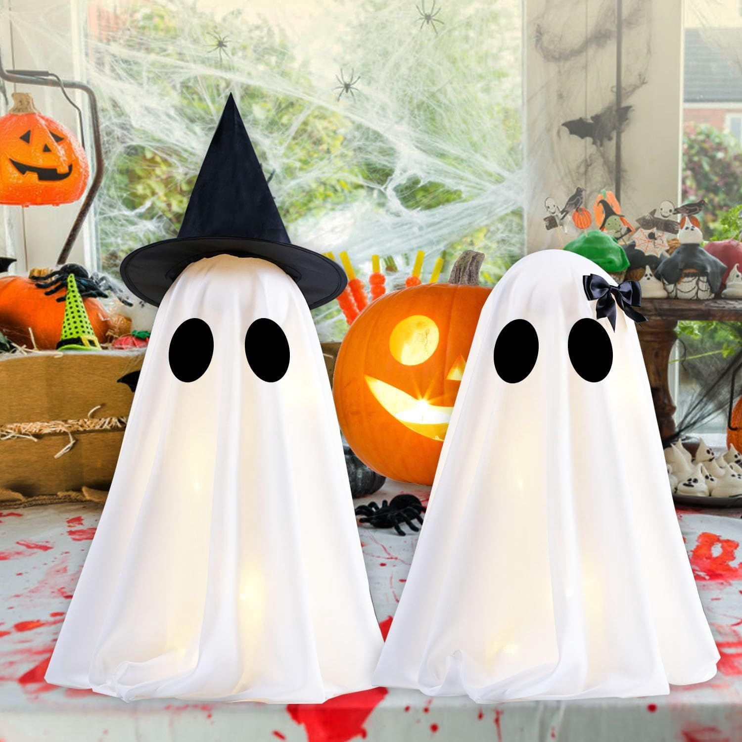2 Pack Light Up Ghost Decorations with Timer Male Female for Halloween