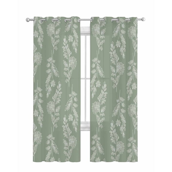 Dark Green Botanical Sheer Curtains 84 Inch Length 2 Panels Set for Living Room/Bedroom, Pastoral Elegant Spring Floral Kitchen Curtains Grommet Semi-Sheer Curtains Drapes Window Treatments 52"x84"x2