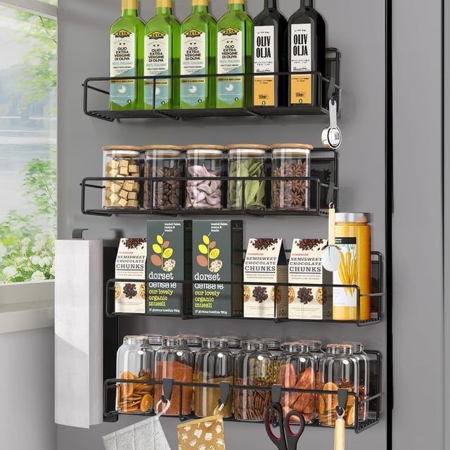 Especieros para Cocina Magnético, Paquete de 5 Estante Magnético para Refrigerador, Organizador de Especias Cocina, Contiene 1 Toallero de Papel y 6 Ganchos