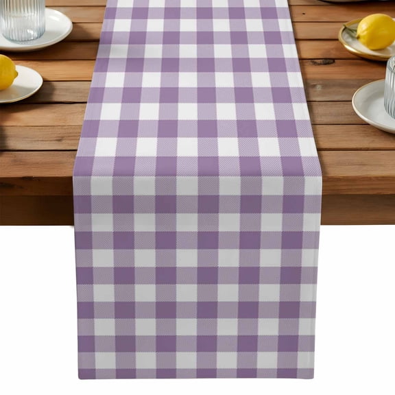 Purple Checkered Cotton Linen Table Runner for Dining Kitchen, Farmhouse White Buffalo Plaid Wedding Outdoor Party Tablerunners Decoration, Dresser Scarf Coffee Tablecloth Runners 13x70 Inches