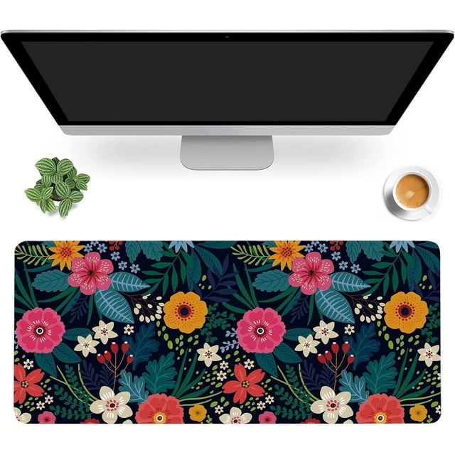 Amazing Modern Floral Desk Mat - Colorful Flowers Extended Gaming Mouse Pad, Large Non-Slip Rubber Base, Stitched Edges, Waterproof, Perfect for Office, Game, Home, 35.4x15.75 Inch