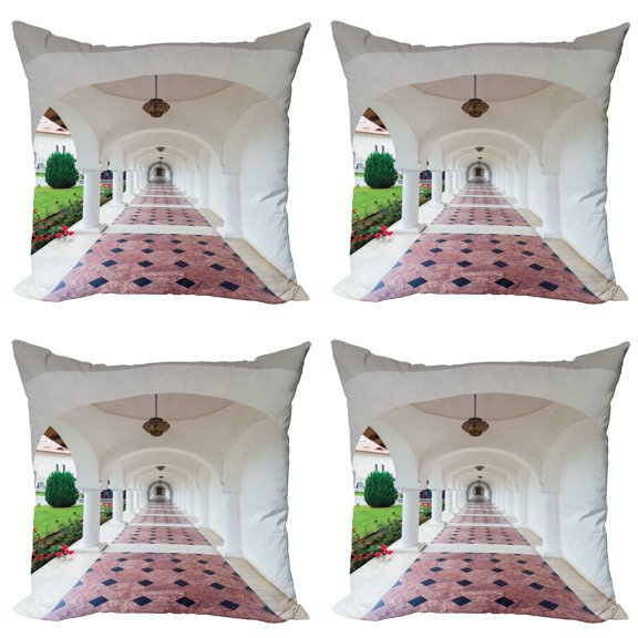 Ambesonne White Throw Pillow Cover 4 Pack, Arched Colonnade Hallway, 16", White Green
