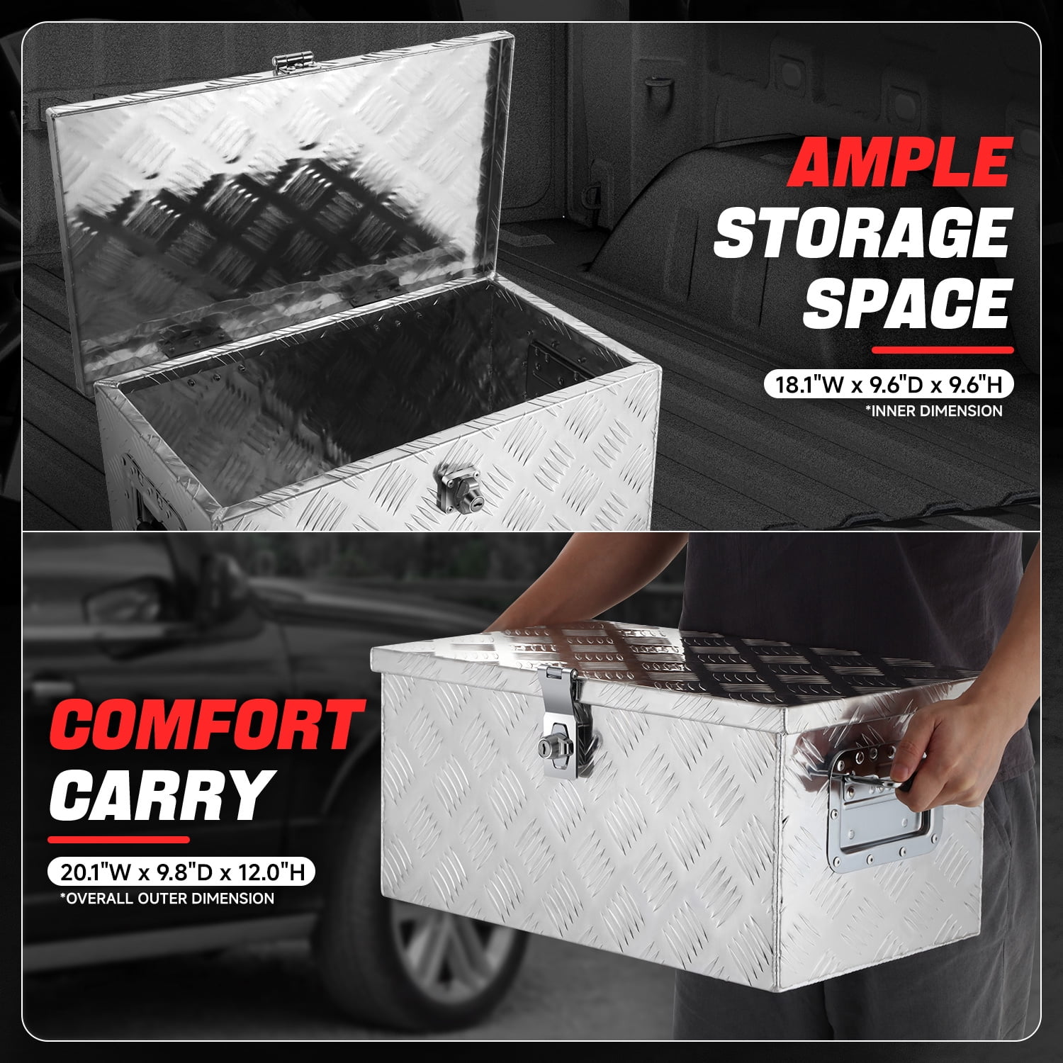 DNA Motoring 20"x10"x12" Aluminum Pickup Truck Trailer Trunk Bed Tool Storage Box w/ Side Handle
