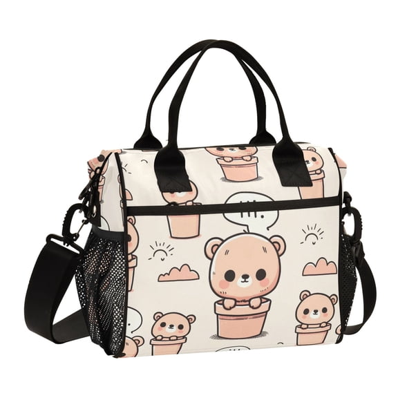 Lunch Bag Insulated Lunch Box Leakproof Reusable Cooler Tote Adjustable Shoulder Strap for Men Women Cute Teddy Bear in Pots 9L
