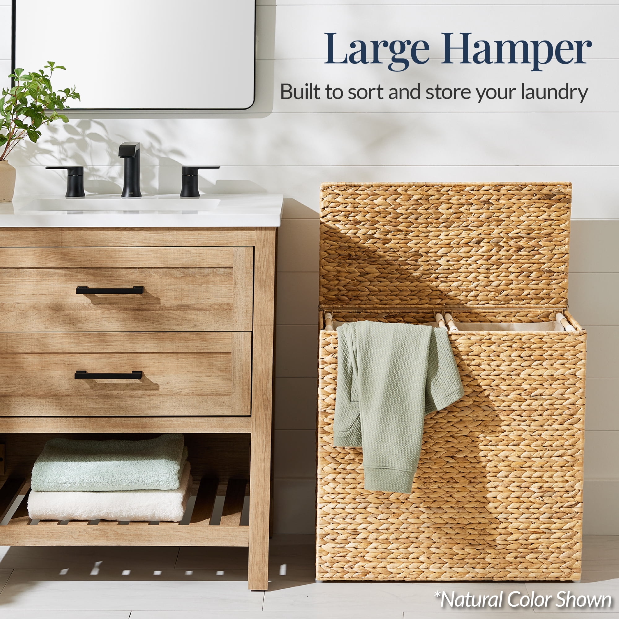 Best Choice Products Large Natural Water Hyacinth Double Laundry Hamper Basket w/ 2 Liner Bags, Handles - Whitewash