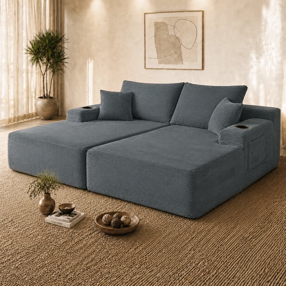69"L-Shape Corduroy Fabric Comfortable 2 Seater Chaise with R-Shape and Cup Holders, Modern Cloud Sectional Chaise Couch with Side Pockets and Deep Seat for Living Room, Apartment, Gray