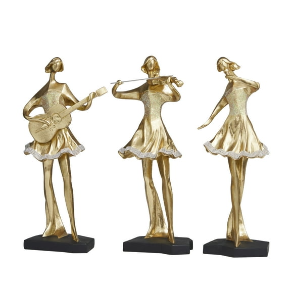 7"W, 16"H Gold Resin Abstract Women Musician Sculpture with Glitter and Rhinestone Detailing, by DecMode (3 Count)