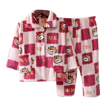 

HuaAngel Boys Girls Button Down Winter Warm Fleece Pajama Set Kids Autumn Long Sleeve Sleepwear with Pockets