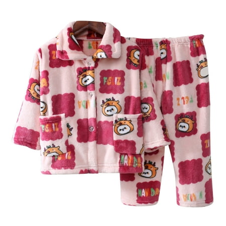 

HuaAngel Boys Girls Button Down Winter Warm Fleece Pajama Set Kids Autumn Long Sleeve Sleepwear with Pockets