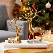 Moocorvic 2Pcs Gold Resin Reindeer Figurines Christmas Table Decorations, Sitting & Standing Deer Statues for Living Room, Bedroom, Christmas Gifs