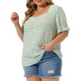 thumbnail image 4 of Agnes Orinda Women's Plus Size Gingham Tops Plaid Sweetheart V Neck Puff Short Sleeve Button Decor Summer 1950s Blouses 3X Green, 4 of 6