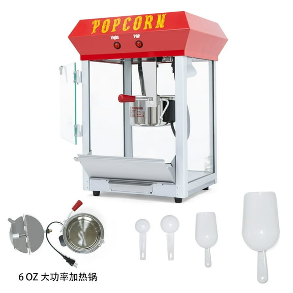 Bar-Style Popcorn Machine, 6oz Stainless-Steel Popcorn Maker with Warming Deck & Tempered Glass, Red Countertop Popcorn Popper for Home & Party