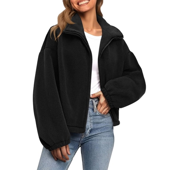 DAFPZW Fleece Jacket for Women Crop Teddy Coat Winter Warm Sherpa Jackets Cropped Full Zip Up Coats