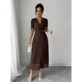 thumbnail image 4 of Brown Chiffon Wrap Dress With V-Neck, Puffed Sleeves, Cinched Waist And Pearl Button Detail, 4 of 5