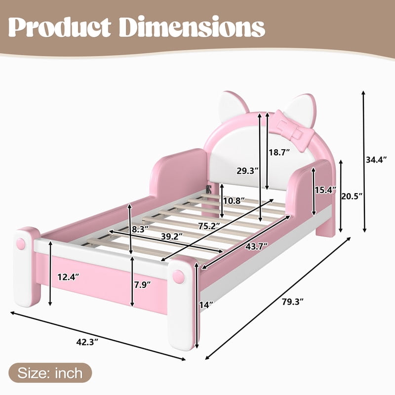 Twin Size Kids Platform Bed with Cartoon Cat-Shaped Headboard, Upholstered PU Leather Princess Bed, Low Profile Child Bed Frame