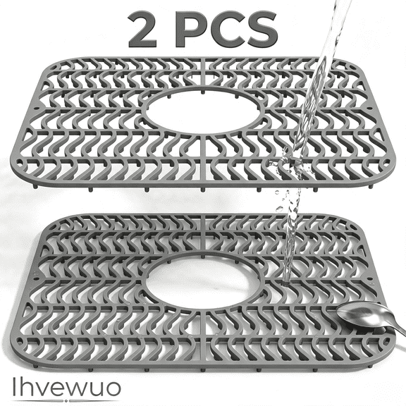 2Pcs Silicone Sink Mat 13.6"x11.6" with Center Drain, Cuttable Heat Resistant Kitchen Sink Protector Gray