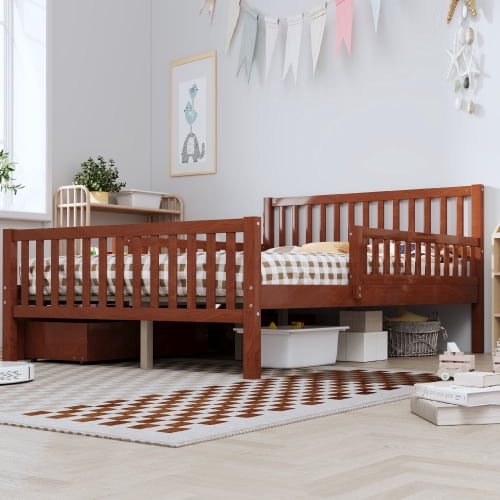 Euroco Wood Full Size Platform Bed with Guardrails and Drawers for Kids Teens Toddlers, Walnut