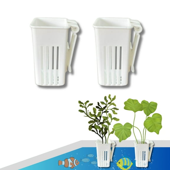 2 Pack Aquarium Plant Holder Cups, Hanging Fish Tank Planter Pots, Aquatic Plant Basket for Rimmed Tanks, Fish Tank Decorations (White)