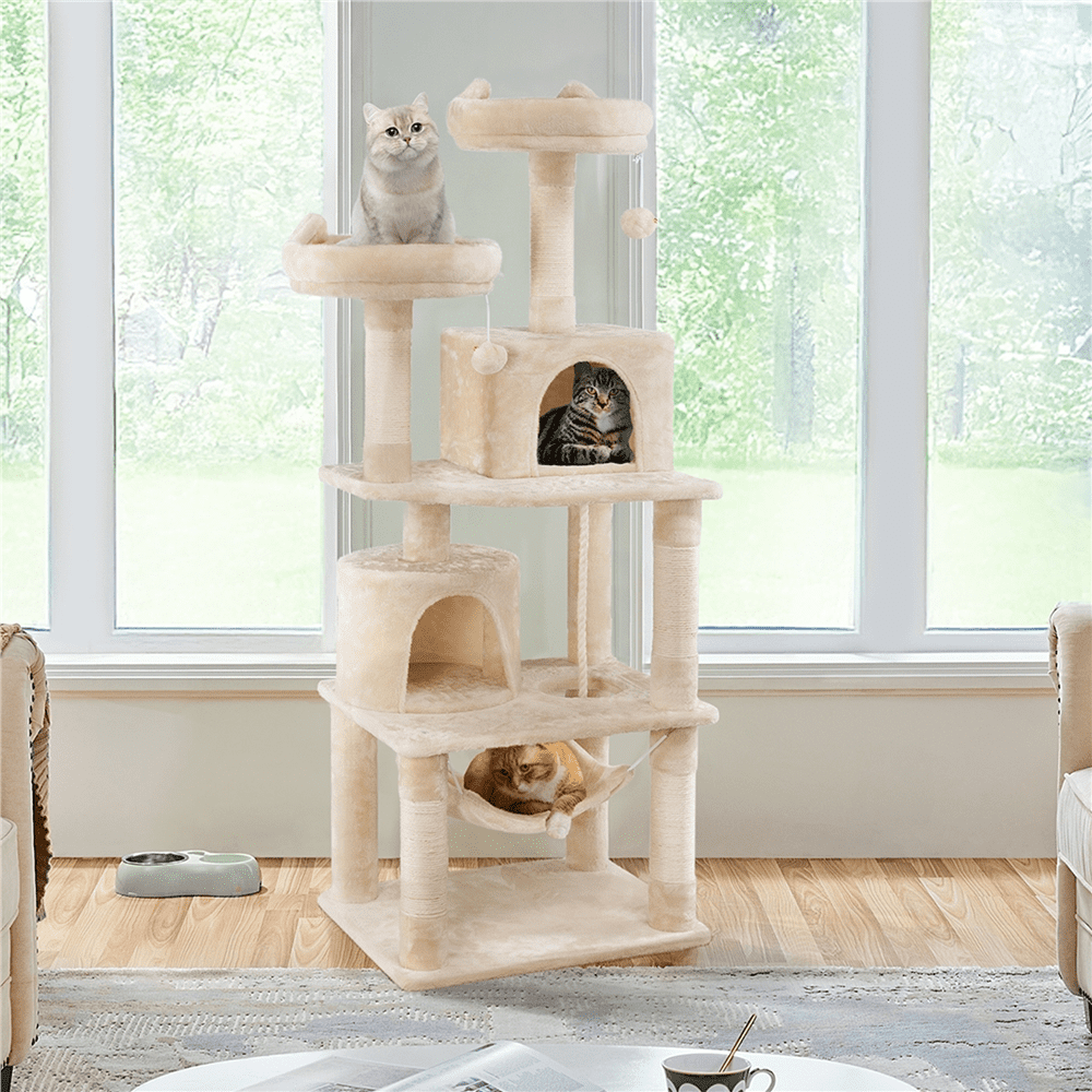 Alden Design 62" Double Condo Cat Tree and Scratching Post Tower, Beige