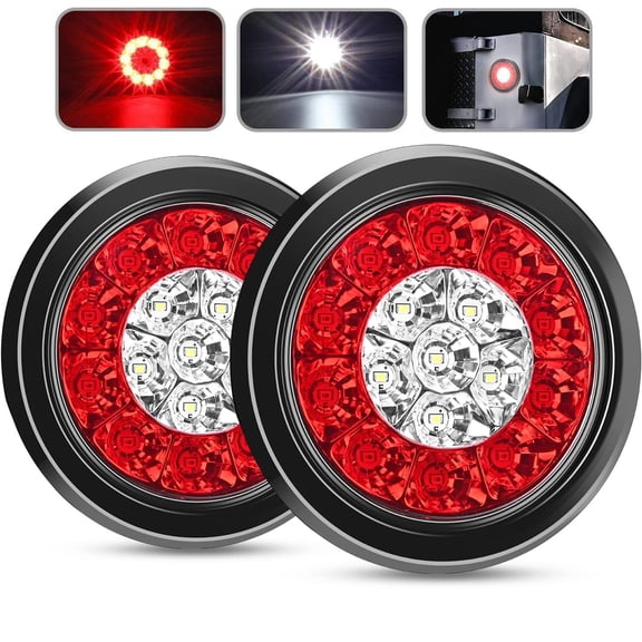4" Round Red White LED Trailer Tail Lights, 16LEDs Flush Mount Grommets, IP67 Waterproof Stop Brake Running Reverse Light for Trucks Trailers RV (2 PCS)