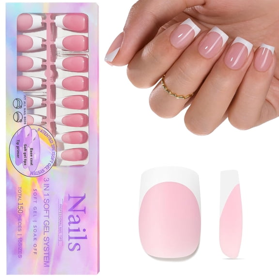 Square 150Pcs Pink Short Square Press On Nails - Soft Gel French Tip Fake Nails with Pre-Applied Design, DIY False Nail Tips Gift Set for Women