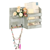 Wall Vintage Wooden Mail Shelf With 3 Key Hooks, Olive Green