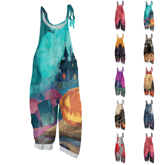 Halloween Jumpsuits for Women Linen Oversized Sleeveless Dressy Floral Print Adjustable Strap Rompers