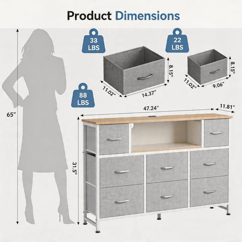 Simple Deluxe TV Stand Dresser with 8 Fabric Drawers and Open Shelves, Entertainment Center with LED Lights & Charging Station, Wood Top for 45" -55" TV, for Bedroom/Living Room/Hallway, Light Gray