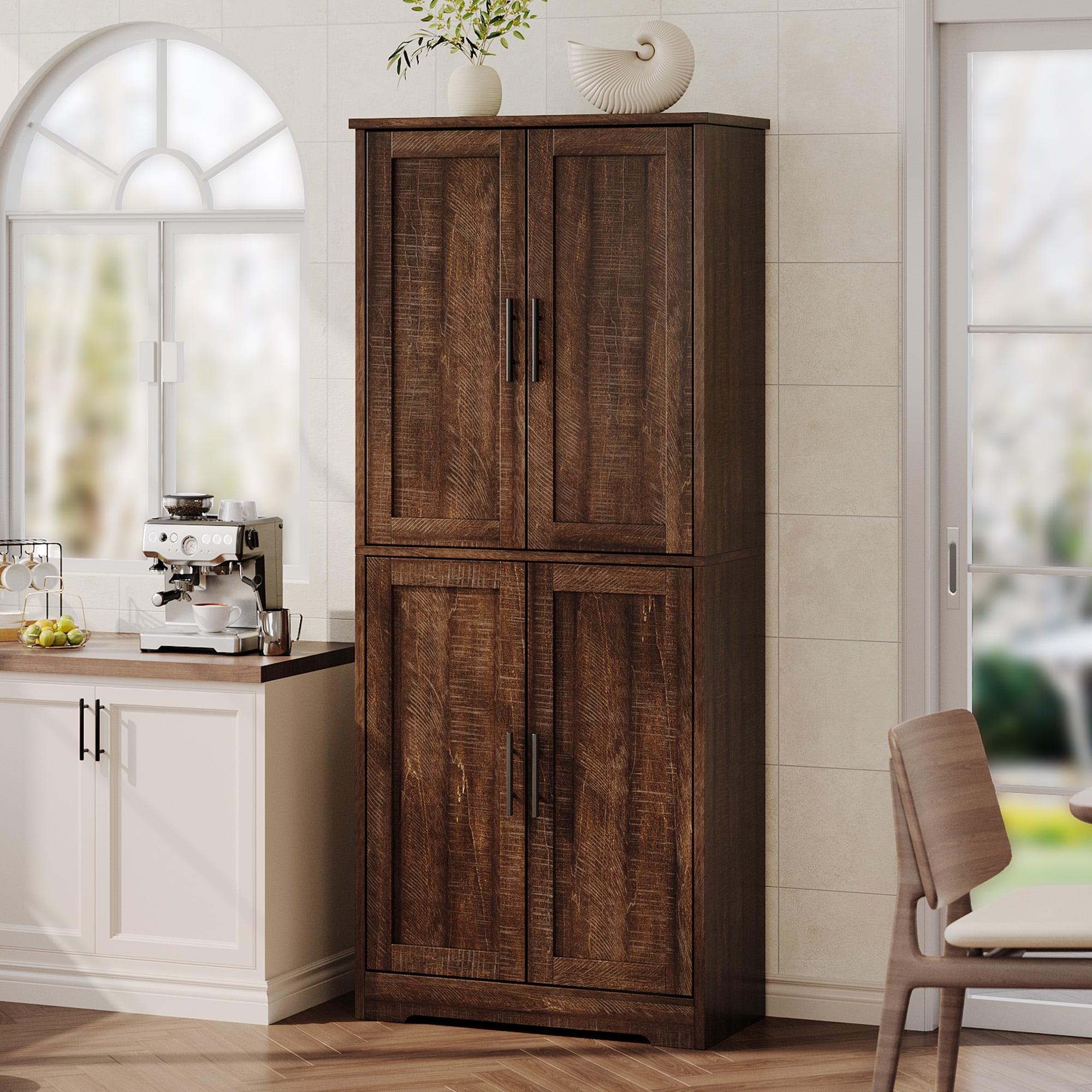 70 Inch Tall Pantry Cabinet - 4-Door Freestanding Storage with Adjustable Shelves, brown Red