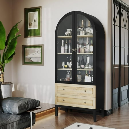 HLR 71" Tall Arched Storage Cabinet, Modern Farmhouse Black Kitchen Pantry Cabinet with Glass Doors and 2 Drawers, Versatile Display Cabinet for Kitchen, Dining Room, Living Room