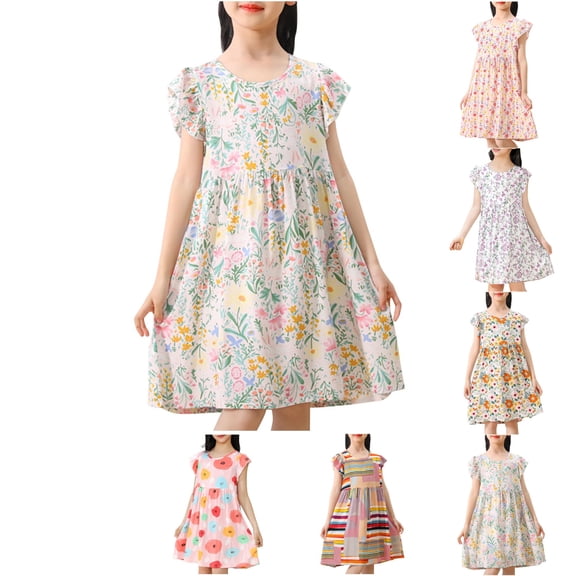 YHAJDS Toddler Girls Sleeveless Dress Allover Print Round Neck Summer Casual Sundress
