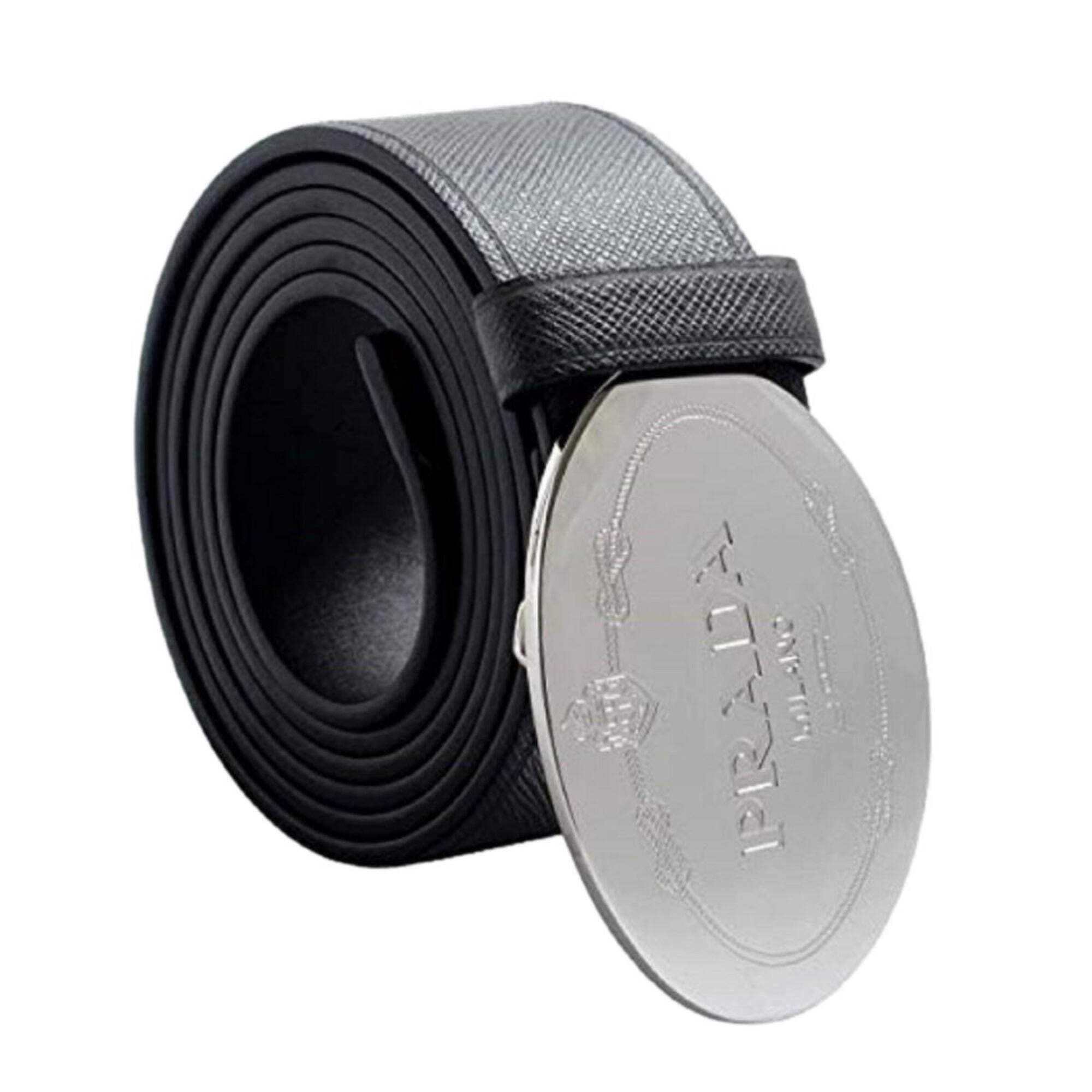New Prada Black Saffiano Leather Engraved Oval Plaque Buckle  display picture 3