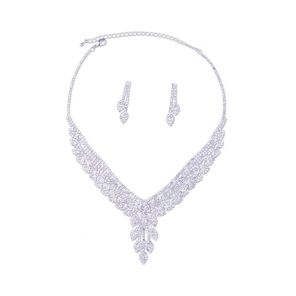 Bridal Cluster Flower Teardrop Silver Crystal Necklace Earrings Set For Wedding