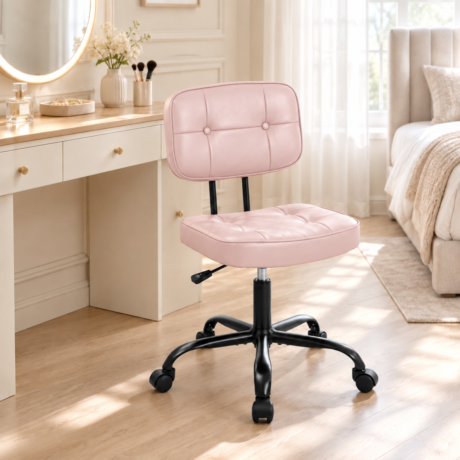 Telyra Armless Office Chair Adjustable PU Leather Desk Chair with Wheels Padded Low-Back Swivel Vanity Chair, Pink