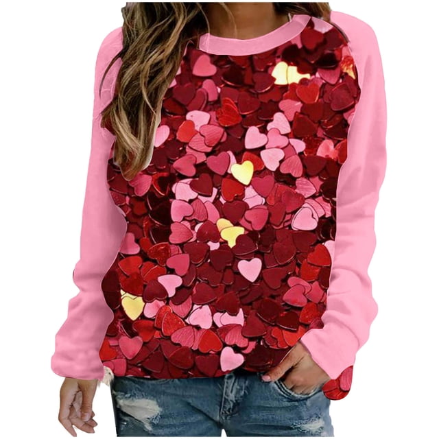 VALMASS Chandails en Molleton Col Rond pour Femmes Saint-Valentin Imprimé Floral Manches Longues Mode Décontractée Blouses Sans Capuche (S, Rose-G)