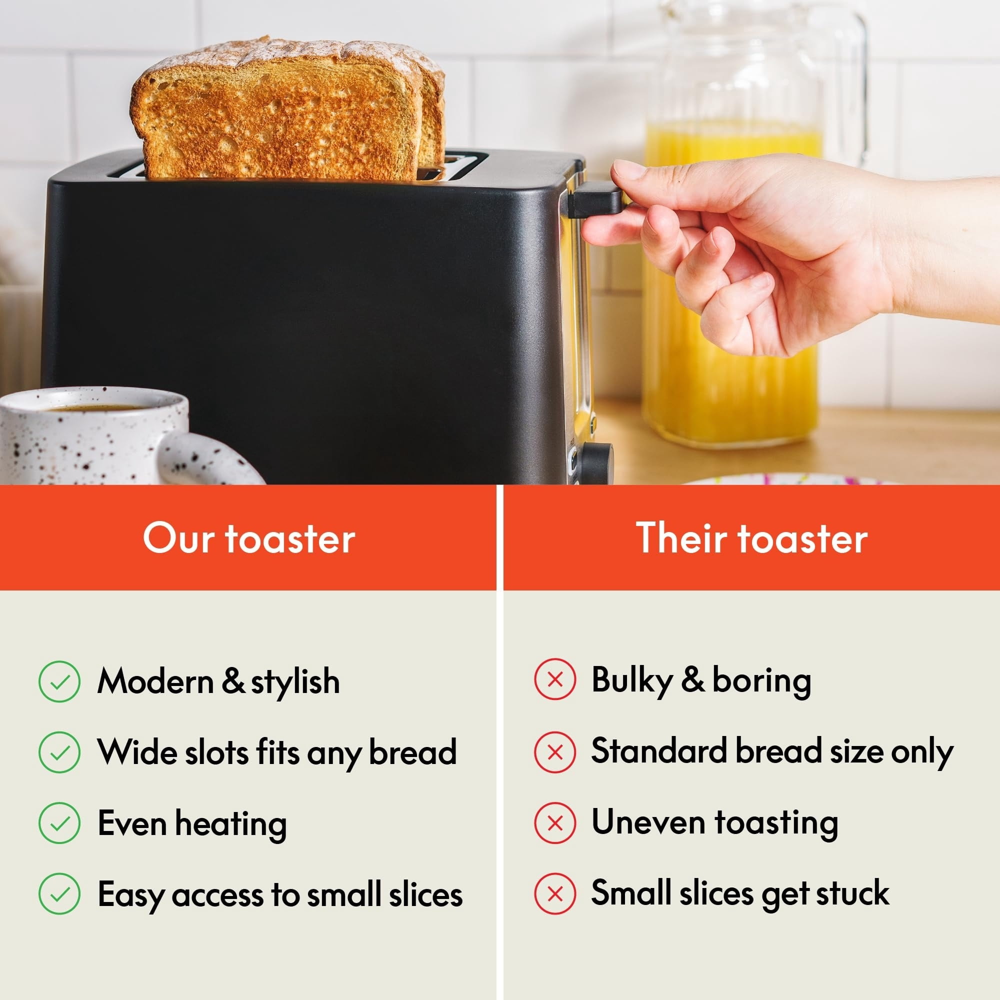 Double-slot toaster with automatic shut-off - extra-wide slots, removable crumb tray, and cancel, defrost, and reheat functions - can toss bread, bagels, and waffles.