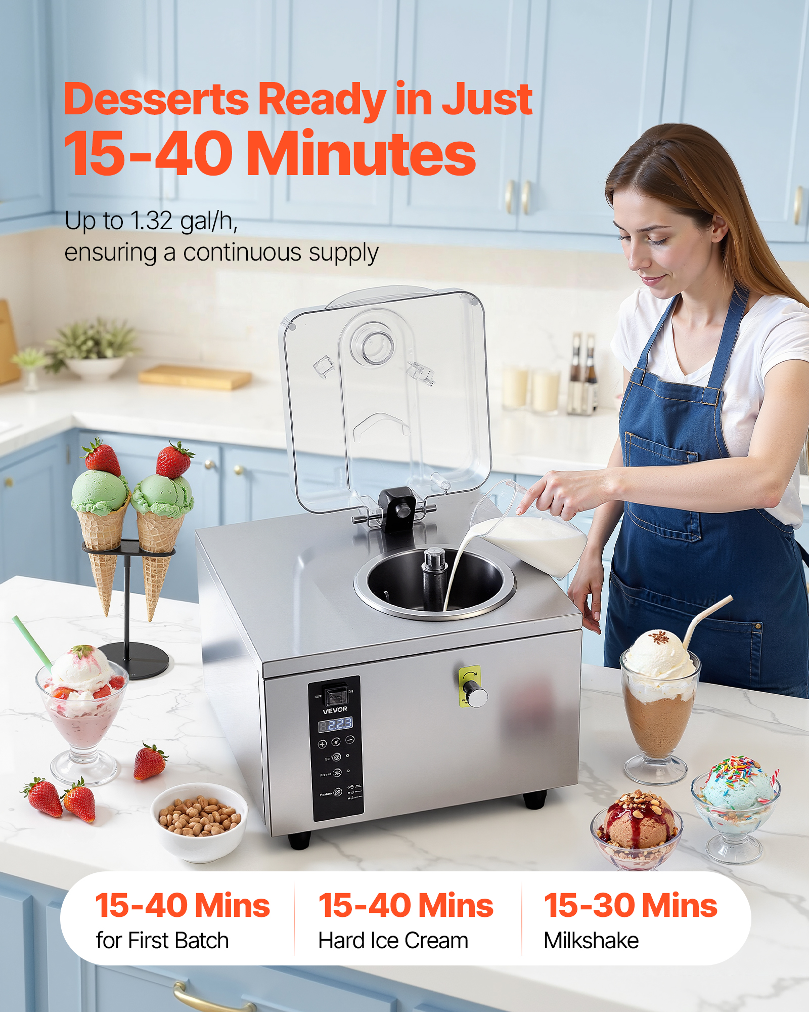 VEVOR Commercial Hard Ice Cream Machine, 500W 1.32 Gal/Hour, Gelato Hard Serve Ice Cream Maker with 2.8L 304 Stainless Steel Cylinder, Auto Clean LED Panel High Productivity for Snack Bar Restaurants
