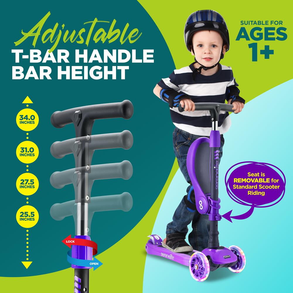 SereneLife 3 Wheeled Adjustable Purple Scooter for Kids - 2-in-1 Sit/Stand Toy Scooters w/ Seat