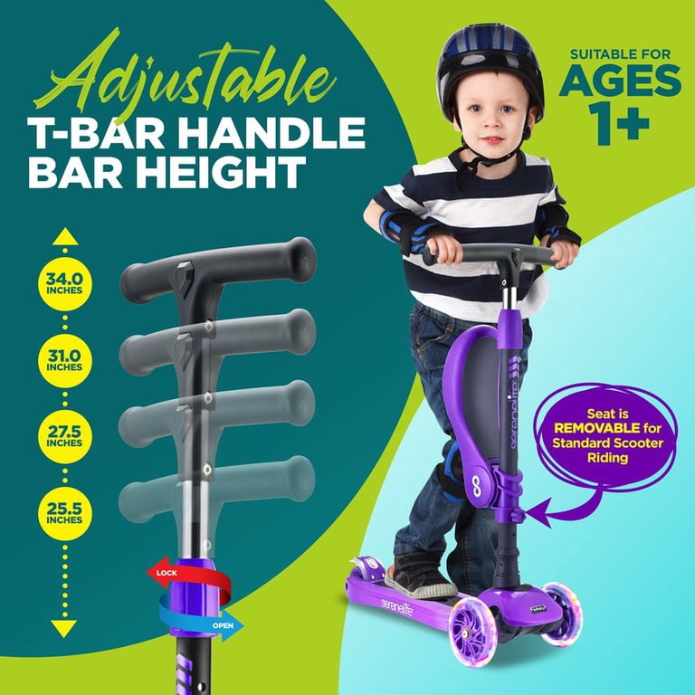 SereneLife 3 Wheeled Adjustable Purple Scooter for Kids - 2-in-1