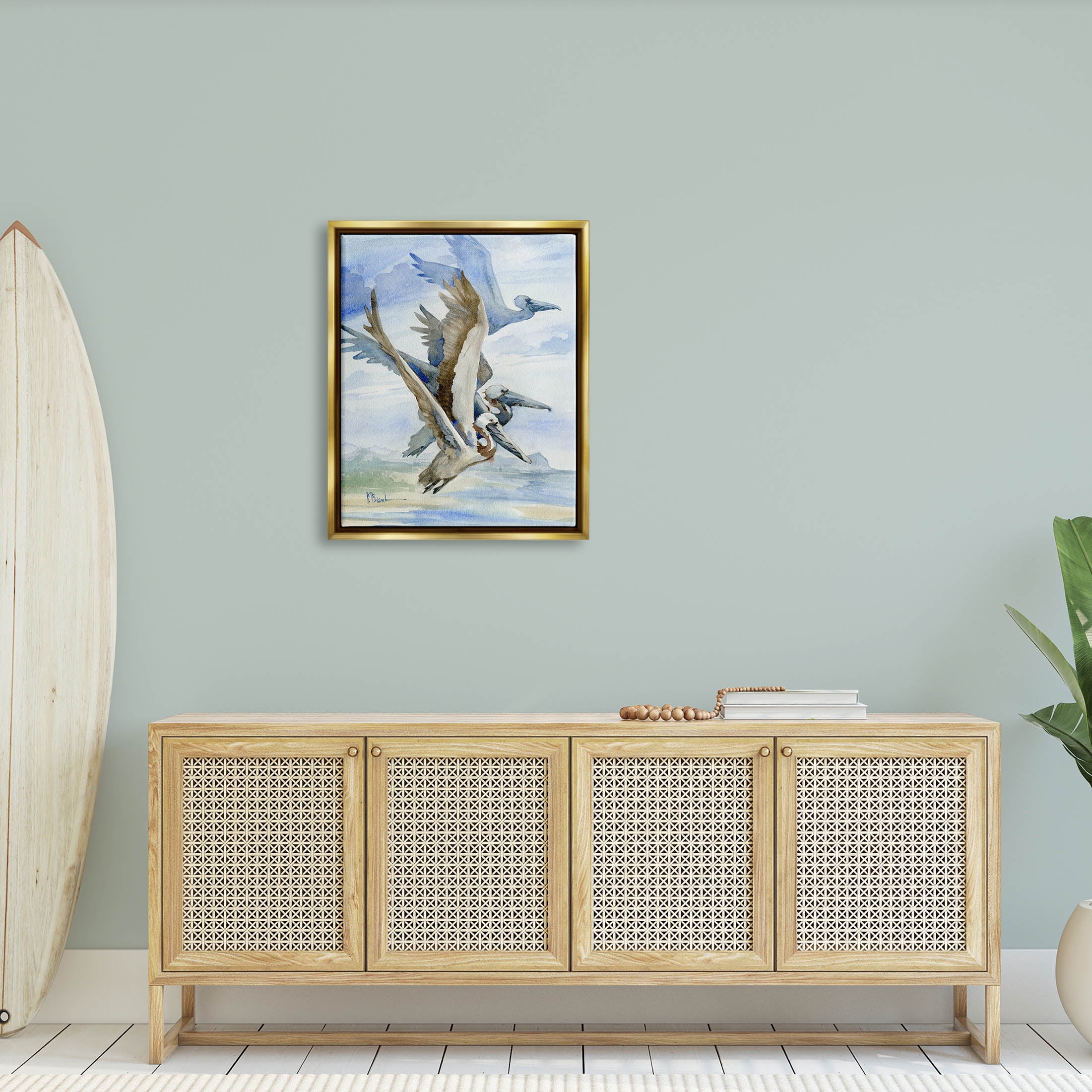 Stupell Industries Pelicans Aloft Bird Flight Trio Painting Metallic Gold Floating Framed Canvas Print Wall Art, Design by Paul Brent
