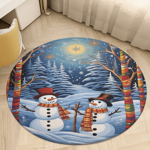 Winter Snowman Christmas Tree Round Area Rugs for Bedroom Living Room, 4FT Soft Indoor Circle Carpets, Carpet Home Decor Floor Mat